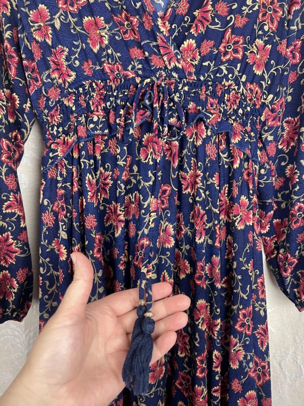 Anthropologie Boemo ruffle peasant maxi dress blue red floral cottagecore Petite - Picture 4 of 9